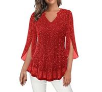 AACH Pullover Damen Elegant Oberteile Glitzer V-Ausschnitt Bluse 3/4 Arm Pailletten Tunika Party Karneval Langarmshirt Festliche Temperament Sweatshirt Rüschenärmel Doppellagige Mesh Top