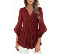 AACH Pullover Damen Elegant Oberteile Glitzer V-Ausschnitt Bluse 3/4 Arm Pailletten Tunika Party Karneval Langarmshirt Festliche Temperament Sweatshirt Rüschenärmel Doppellagige Mesh Top