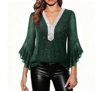 AACH Pullover Damen Elegant Oberteile Glitzer V-Ausschnitt Bluse 3/4 Arm Pailletten Tunika Party Karneval Langarmshirt Festliche Temperament Sweatshirt Rüschenärmel Doppellagige Mesh Top