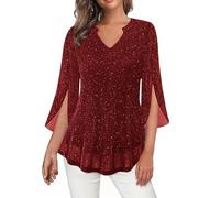 AACH Pullover Damen Elegant Oberteile Glitzer V-Ausschnitt Bluse 3/4 Arm Pailletten Tunika Party Karneval Langarmshirt Festliche Temperament Sweatshirt Rüschenärmel Doppellagige Mesh Top