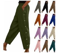 AACH Sommerhose Damen Leicht Leinenhose Straight Bein Hose Musselin Hosen Lockere Luftig Stoffhose Einfarbig Knöpfen Freizeithose Elastische Taille Jogginghose mit Taschen Strandhose