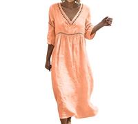 AACH Sommerkleid Damen Musselin Kleid Boho Lang Kleider Elegant 3/4 Arm Freizeitkleid Sommer V-Ausschnitt Maxikleid Luftig Baumwolle Leinenkleider Modische Urlaub Strandkleid Locker Blusenkleid
