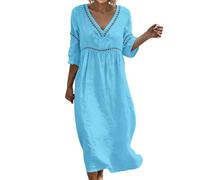 AACH Sommerkleid Damen Musselin Kleid Boho Lang Kleider Elegant 3/4 Arm Freizeitkleid Sommer V-Ausschnitt Maxikleid Luftig Baumwolle Leinenkleider Modische Urlaub Strandkleid Locker Blusenkleid