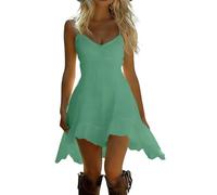 AACH Sommerkleider Damen Leicht und Luftig Kleider V-Ausschnitt Baumwolle Leinenkleid Sexy Boho Strandkleid Kurz Einfarbig Trägerkleid mit Rüschen Saum Freizeitkleid Modische Leicht Midikleid