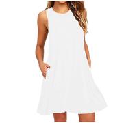 AACH Sommerkleider Damen Leicht und Luftig Strandkleid Kurz Sommer Kleid Elegant Casual Kleider Rundhals Ärmellos Freizeitkleider Alltag Locker Shirtkleid mit Taschen Minikleid Party Tankkleid