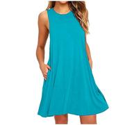 AACH Sommerkleider Damen Leicht und Luftig Strandkleid Kurz Sommer Kleid Elegant Casual Kleider Rundhals Ärmellos Freizeitkleider Alltag Locker Shirtkleid mit Taschen Minikleid Party Tankkleid