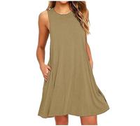 AACH Sommerkleider Damen Leicht und Luftig Strandkleid Kurz Sommer Kleid Elegant Casual Kleider Rundhals Ärmellos Freizeitkleider Alltag Locker Shirtkleid mit Taschen Minikleid Party Tankkleid