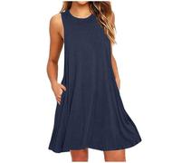AACH Sommerkleider Damen Leicht und Luftig Strandkleid Kurz Sommer Kleid Elegant Casual Kleider Rundhals Ärmellos Freizeitkleider Alltag Locker Shirtkleid mit Taschen Minikleid Party Tankkleid