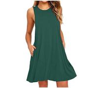 AACH Sommerkleider Damen Leicht und Luftig Strandkleid Kurz Sommer Kleid Elegant Casual Kleider Rundhals Ärmellos Freizeitkleider Alltag Locker Shirtkleid mit Taschen Minikleid Party Tankkleid