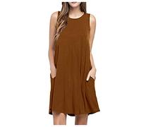 AACH Sommerkleider Damen Leicht und Luftig Strandkleid Kurz Sommer Kleid Elegant Casual Kleider Rundhals Ärmellos Freizeitkleider Alltag Locker Shirtkleid mit Taschen Minikleid Party Tankkleid