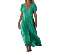 AACH Strandkleid Damen Lang Sommerkleider Elegant Kurzarm Freizeitkleid Lose Boho Maxikleid V-Ausschnitt Kleider Baumwolle Leinen Kleid Einfarbig Beach Leinenkleid Casual Fließend Blusenkleid