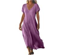 AACH Strandkleid Damen Lang Sommerkleider Elegant Kurzarm Freizeitkleid Lose Boho Maxikleid V-Ausschnitt Kleider Baumwolle Leinen Kleid Einfarbig Beach Leinenkleid Casual Fließend Blusenkleid