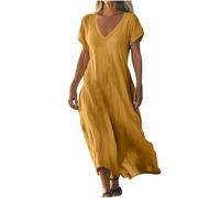 AACH Strandkleid Damen Lang Sommerkleider Elegant Kurzarm Freizeitkleid Lose Boho Maxikleid V-Ausschnitt Kleider Baumwolle Leinen Kleid Einfarbig Beach Leinenkleid Casual Fließend Blusenkleid