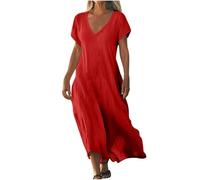 AACH Strandkleid Damen Lang Sommerkleider Elegant Kurzarm Freizeitkleid Lose Boho Maxikleid V-Ausschnitt Kleider Baumwolle Leinen Kleid Einfarbig Beach Leinenkleid Casual Fließend Blusenkleid