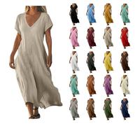 AACH Strandkleid Damen Lang Sommerkleider Elegant Kurzarm Freizeitkleid Lose Boho Maxikleid V-Ausschnitt Kleider Baumwolle Leinen Kleid Einfarbig Beach Leinenkleid Casual Fließend Blusenkleid
