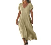 AACH Strandkleid Damen Lang Sommerkleider Elegant Kurzarm Freizeitkleid Lose Boho Maxikleid V-Ausschnitt Kleider Baumwolle Leinen Kleid Einfarbig Beach Leinenkleid Casual Fließend Blusenkleid