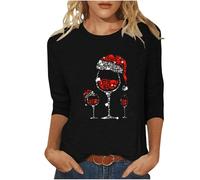 AACH T Shirt Weihnachten Damen Lustig Weihnachtspullover Rotwein Glas Druck Sweatshirt Festliche Rundhals Pullover Tailliert Glitzer Oberteile Lose Oversize Weihnachtsshirt Basic Shirts