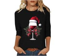 AACH T Shirt Weihnachten Damen Lustig Weihnachtspullover Rotwein Glas Druck Sweatshirt Festliche Rundhals Pullover Tailliert Glitzer Oberteile Lose Oversize Weihnachtsshirt Basic Shirts