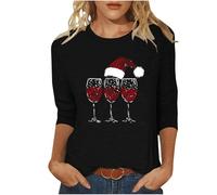 AACH T Shirt Weihnachten Damen Lustig Weihnachtspullover Rotwein Glas Druck Sweatshirt Festliche Rundhals Pullover Tailliert Glitzer Oberteile Lose Oversize Weihnachtsshirt Basic Shirts