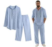 AAFGVC Hausgute Suit Men's Hooded Casual Loose Top & Trousers 2-Piece Set, Hausanzug Herren Langarm Hoodie mit Knopfleiste Jogginghose Kordelzug Taschen Leinen Set Herren Sommer Alltag (lightblue,L)