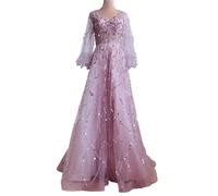 AAIXXIZAO Hübsche Kleider Dress Damen Elegantes Party Kleid Pailletten Mesh Abendkleid Langes Laternen Ärmel Mit V-Ausschnitt Boden Lange Kleider M Pink