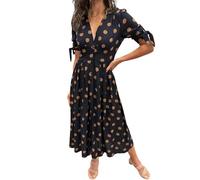 AAIXXIZAO Hübsche Kleider Dress Damen Frauen Blumen Druck Boho Party Kleid V-Ausschnitt Kurzarm Mini XL Schwarz