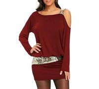 AAIXXIZAO Hübsche Kleider Dress Damen Trend Iges Damen Kleid Einfarbig Glänzende Pailletten Schräge Schulter Lose Über Dem Knie Freizeit Kleid S WineRed