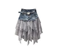 AAIXXIZAO Hübscher Rock Bleistiftrock Damen Vintage Mesh Jean Röcke Gothic Unregelmäßiger Jeans Rock Mit Gürtel Rock Für Frauen Böhmisch Hohe Taille Knopf Mini Röcke XL Blau