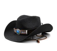 AAIXXIZAO Sonnenhut Strohhut Hut Damen Frauen Männer Western Cowboy Hut Papier Stroh Jazz Fedora Hut Breite Krempe Sonnenschutz Strand Kappe National Style Classic Zylinder 56To58Cm Schwarz