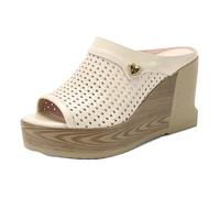aanieshoeya Mules Damen Leder Elegant Pantoletten Sandalen Frauen Keilabsatz High Heels Wedges Absatz Plateau Sommer Beige 37CN 37EU 23.5cm
