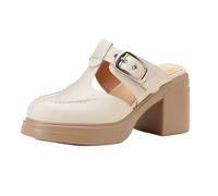 aanieshoeya Mules Damen Leder Pantoletten for Women Elegant Sandalen Absatz High Heels Blockabsatz Sommer Beige 38CN 37.5EU 24cm