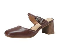 aanieshoeya Pantoletten Damen Leder Mules for Women Sandalen Absatz Blockabsatz High Heels Sommer Braun 37CN 37EU 23.5cm