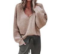 aaSccex Strickpullover Damen Lang - Feinstrickpullover Damen V Ausschnitt Kuschelpullover Freizeit Flauschig Winterpullover Warm Lang Longpullover Einfarbige Pullover Langarmshirt Pullover