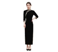 AAYXIN Damen Modernes Cheongsam Kleid Samt Traditionelles Chinesisches Qipao 3/4-Arm Elegantes Abendkleid mit Goldspitzenbesatz