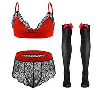 ABAFIP Herren Sissy Unterwäsche Blumen-Spitze BH Bikini Höschen Schleife Strümpfe 3-teiliges Nachtwäsche Set, Rot/Ausflug, einfarbig (Getaway Solids), XX-Large