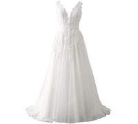 Abaowedding Damen Hochzeitskleid für Braut Spitze Applique Abendkleid V-Ausschnitt Träger Ballkleider, Weiss/opulenter Garten, 48 Mehr