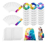 Abbylike Batik-Partyzubehör, 24 Baumwollbeutel mit Kordelzug, Rucksack, 35,6 x 40,6 cm, 24 weiße Baumwoll-Haargummis, 24 elastische Haargummis, weißes Stirnband für Damen, 72 Stück, Weiss/opulenter