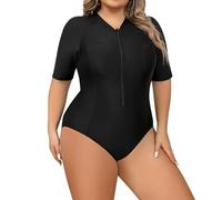 ABEHIK Badeanzug Große Größen für Damen Sexy Bikini mit Druck Bademode mit Bein für Mollige Frauen Schwimmanzug mit Reissverschluss Sport Surfanzug Kurz schwarz Ärmel 4XL