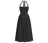 ABEHIK Damen-Korsett-Kleid, Sommerkleid, Boho, fließend, verstellbar, Neckholder, Schnürung, Midi-Kleid, A-Linie, lässiges Sommerkleid, Schwarz, Klein