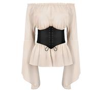 ABEHIK Damen Renaissance Bluse Mittelalter Gothic Oberteil fr Frauen Langarm Trachtenbluse mit Trompetenrmel Schulterfrei Shoulder Shirt beige XL