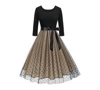 ABEHIK Damen Vintage Blumenkleid 3/4 Ärmel Herbstkleider mit Gürtel A-Linie Cocktail Hochzeit Gast Bestickt Tüll Kleid, Schwarze Punkte, Mittel