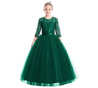 ABEHIK Mädchen Blumenmädchen Hochzeit Spitze Tütükleid Prinzessinkleid Sieben-Viertel-Ärmel Florale Abendkleid für Kinder Festliches Tüll Partykleid Maxikleid grün 130