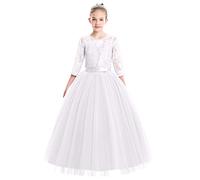 ABEHIK Mädchen Blumenmädchen Hochzeit Spitze Tütükleid Prinzessinkleid Sieben-Viertel-Ärmel Florale Abendkleid für Kinder Festliches Tüll Partykleid Maxikleid weiß 170