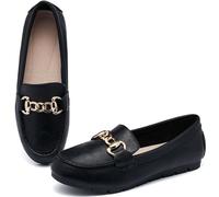 ABEJOJO Damen Loafer Schuhe, Bequeme Slip auf Casual Flat Mocassin Penny Schuhe zum Wandern, Fahren, Dressy (Black PU 44.5W)