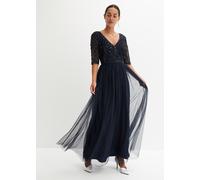 Abendkleid BONPRIX, Damen, Gr. 36, N-Gr, blau (dunkelblau), Web, Obermaterial: 100% Polyester. Futter: 100% Polyester, unifarben, festlich, loose fit bodenlang, tiefer V-Ausschnitt, Kleider Abendkleid