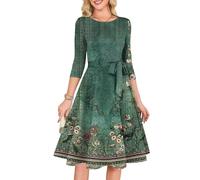 Abendkleid Damen 3/4 Ärmel Rundhals Patchwork Muster A Linie Midikleid Hohe Taille Schleife Fließender Partykleid Weiche Lockerer Elegantes Festliches Party Cocktailkleid(Hellgrün,S)