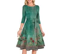 Abendkleid Damen 3/4 Ärmel Rundhals Patchwork Muster A Linie Midikleid Hohe Taille Schleife Fließender Partykleid Weiche Lockerer Elegantes Festliches Party Cocktailkleid(Grün,XL)