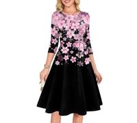 Abendkleid Damen 3/4 Ärmel Rundhals Patchwork Muster A Linie Midikleid Hohe Taille Schleife Fließender Partykleid Weiche Lockerer Elegantes Festliches Party Cocktailkleid(Schwarz,XXL)