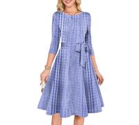 Abendkleid Damen 3/4 Ärmel Rundhals Patchwork Muster A Linie Midikleid Hohe Taille Schleife Fließender Partykleid Weiche Lockerer Elegantes Festliches Party Cocktailkleid(Blau,XXL)