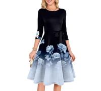 Abendkleid Damen 3/4 Ärmel Rundhals Patchwork Muster A Linie Midikleid Hohe Taille Schleife Fließender Partykleid Weiche Lockerer Elegantes Festliches Party Cocktailkleid(Schwarz,L)